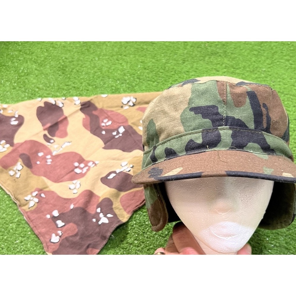US Military Combat Cap Fleece Lined Trapper 7 1/2 LG Chocolate Chip Bandana